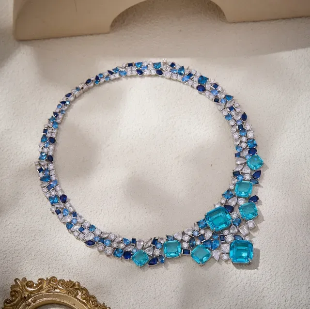 Blue and Clear Gemstone Bib-Style Multi-Tier Necklace 7