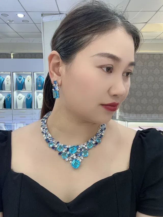 Blue and Clear Gemstone Bib-Style Multi-Tier Necklace 8