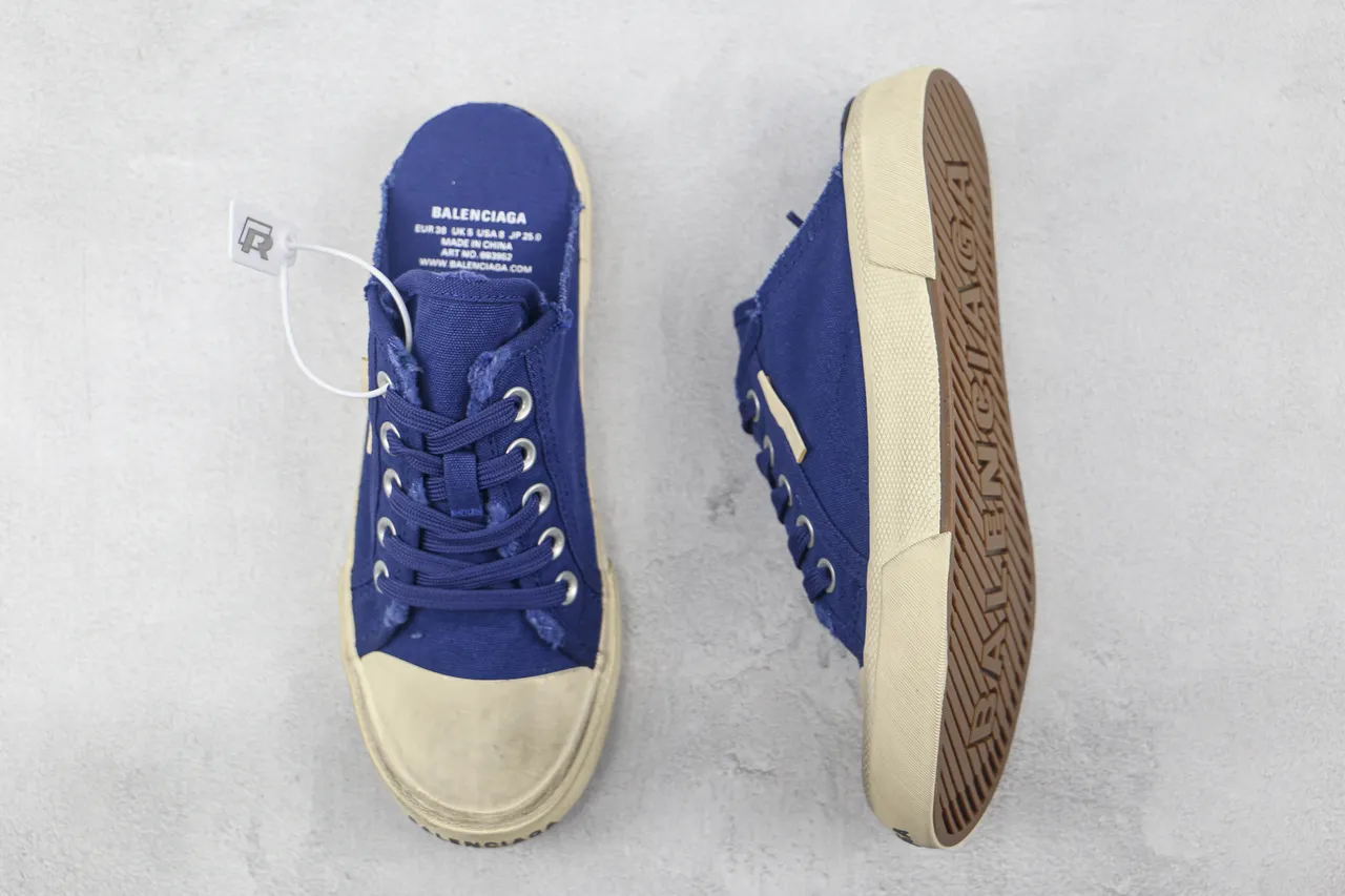 Blue Beige Lace-Up Front Open-Back Mule Canvas Shoes 3