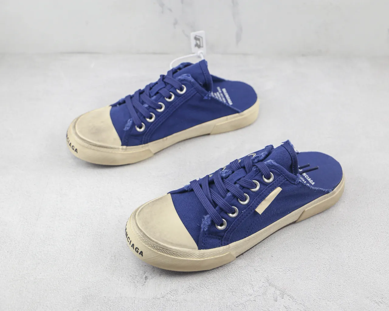 Blue Beige Lace-Up Front Open-Back Mule Canvas Shoes 4