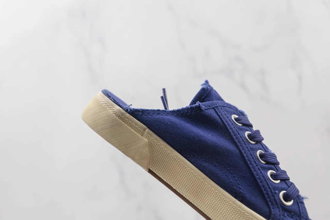 Blue Beige Lace-Up Front Open-Back Mule Canvas Shoes 5