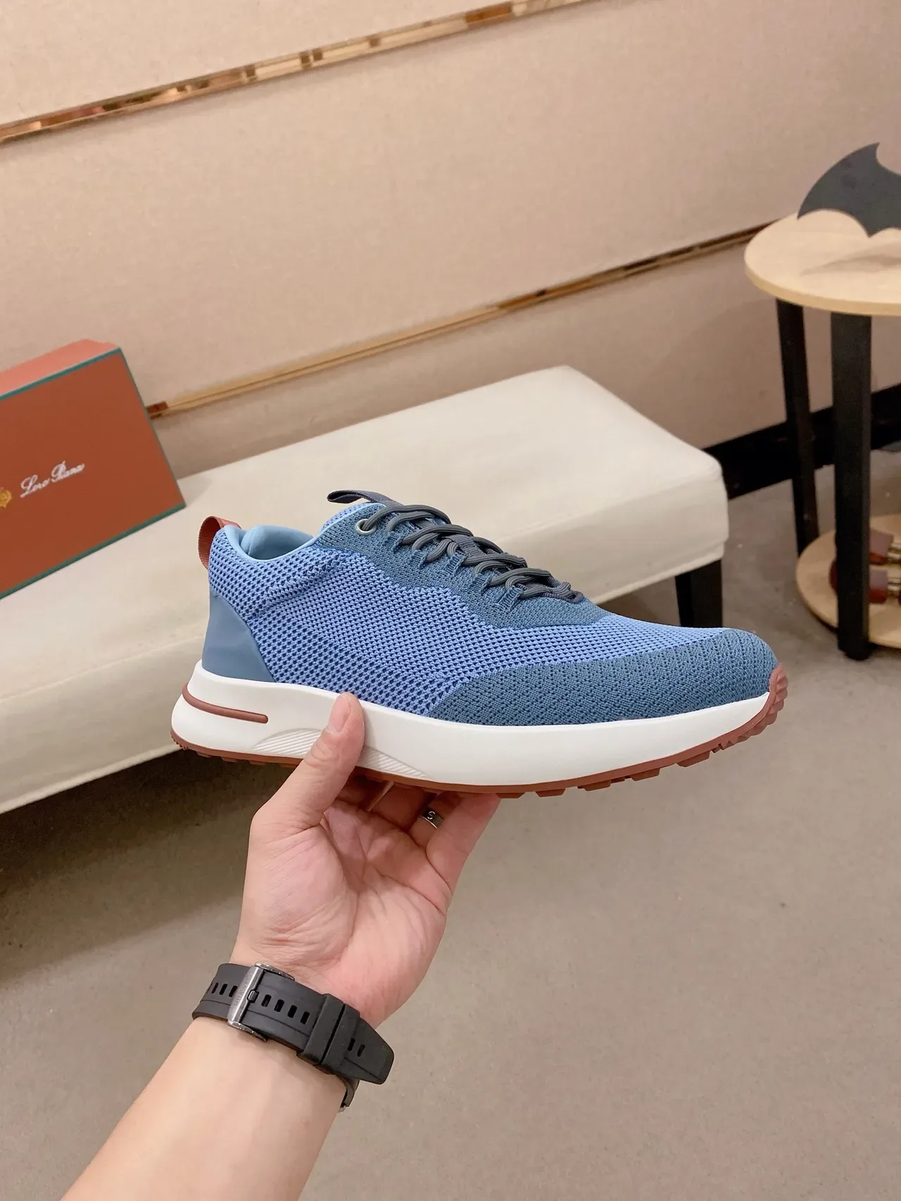 Blue Brown Knit Upper Chunky White Midsole Sneakers 5