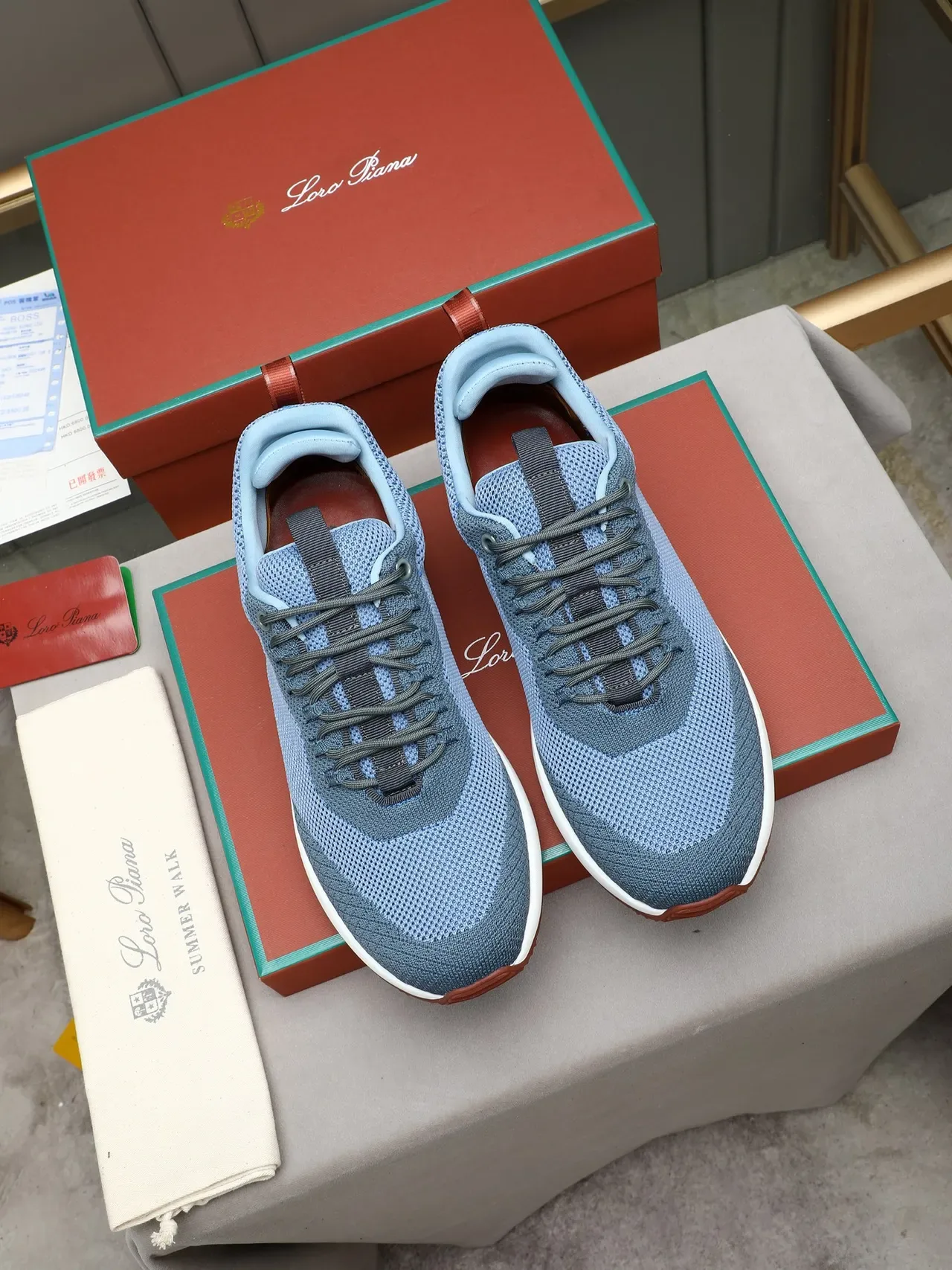Blue Brown Knit Upper Chunky White Midsole Sneakers 2