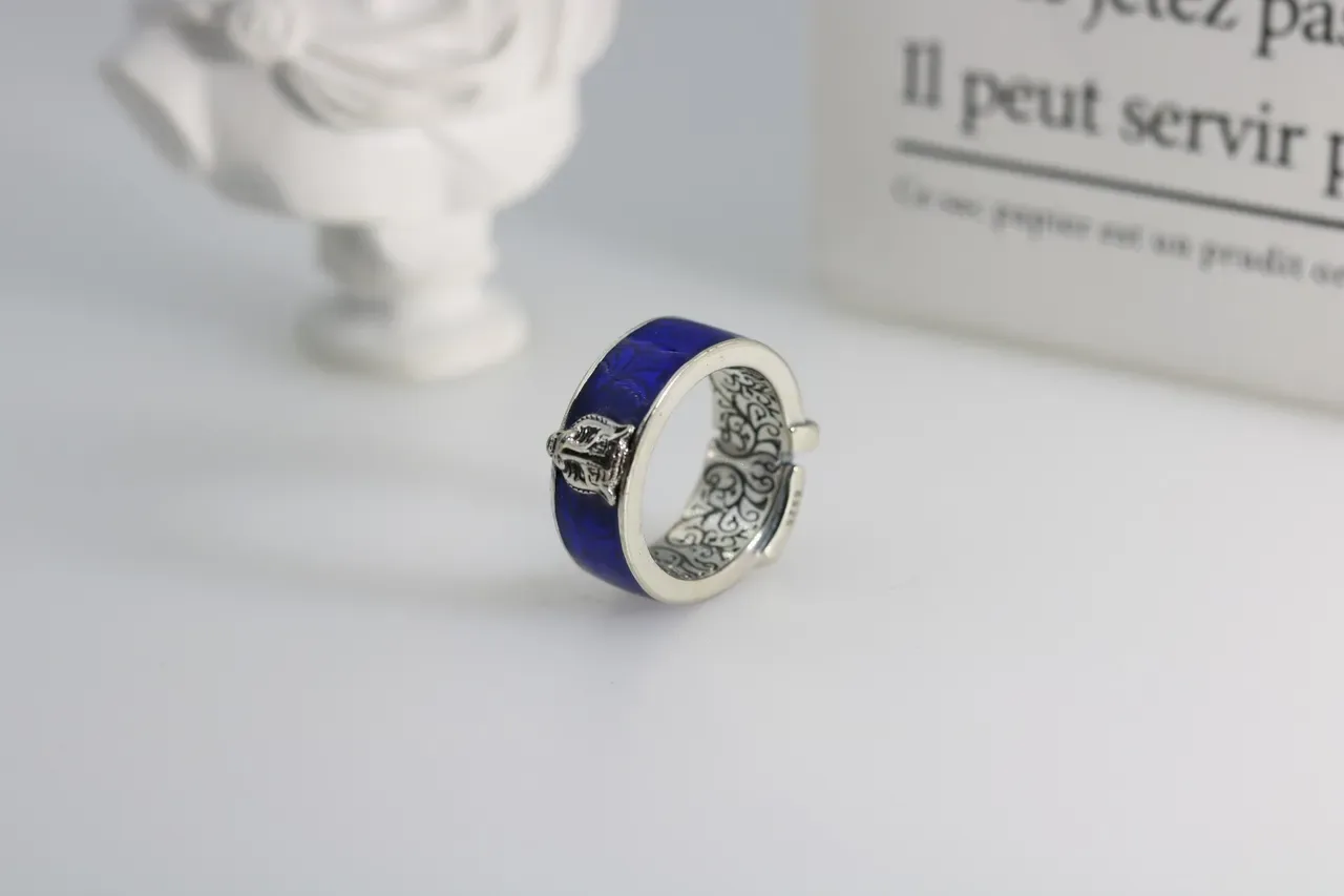 Blue Enamel Fox Motif Adjustable Ring 3