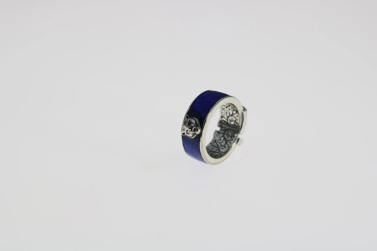 Blue Enamel Fox Motif Adjustable Ring 9