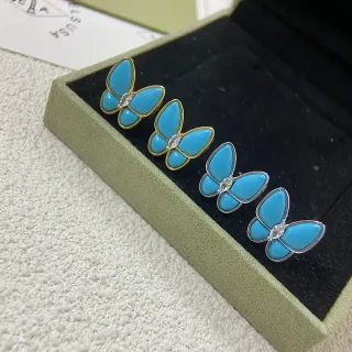 Blue Gold Butterfly Silhouette Enamel Wings Earrings
