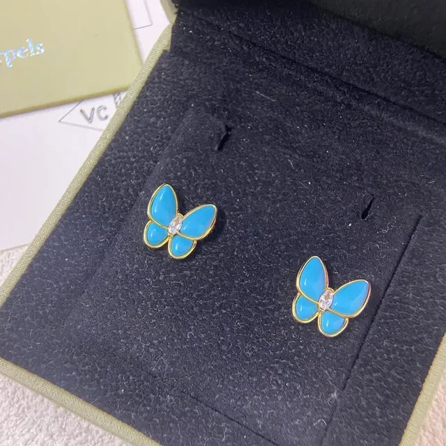 Blue Gold Butterfly Silhouette Enamel Wings Earrings 2