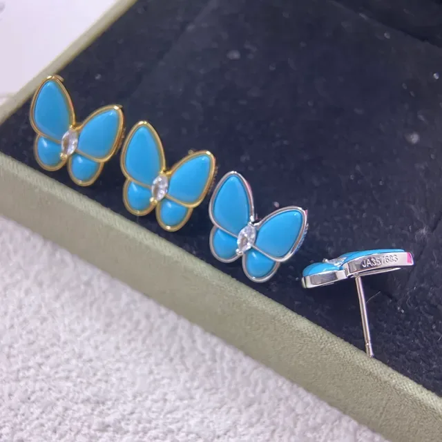 Blue Gold Butterfly Silhouette Enamel Wings Earrings 3