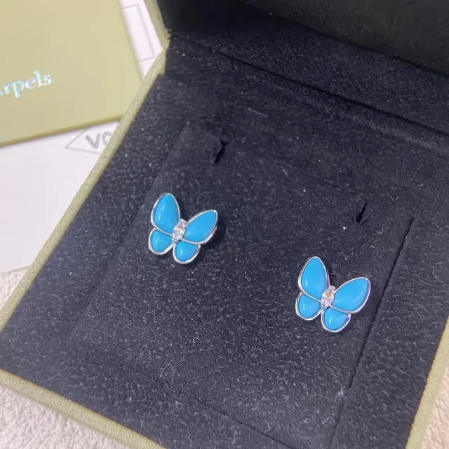 Blue Gold Butterfly Silhouette Enamel Wings Earrings 4
