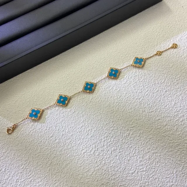 蓝金链五枚珐琅四叶草吊坠手链 2