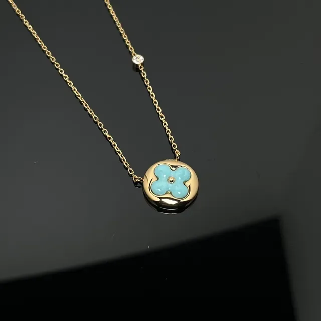 Blue Gold Circular Pendant Enamel Flower Motif Necklace 3
