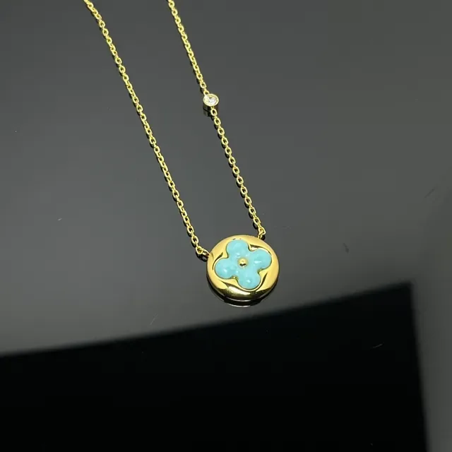 Blue Gold Circular Pendant Enamel Flower Motif Necklace 4