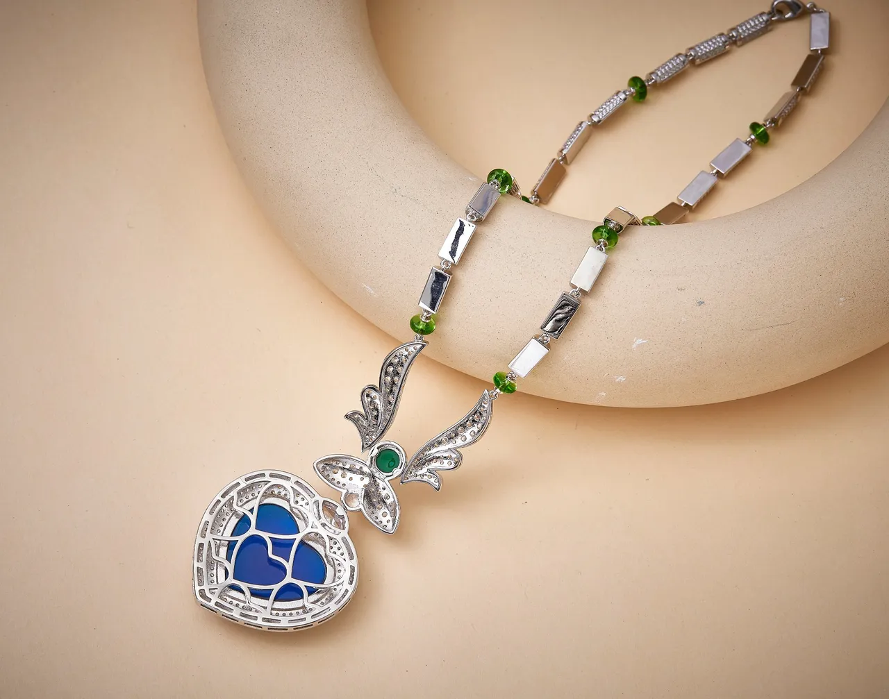 Blue Green Heart-Shaped Pendant Pavé-Set Stones Necklace 3