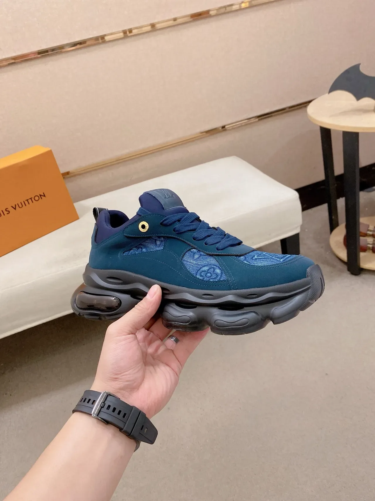 Blue Navy Sole Patterned Textile Upper Chunky Sneakers 5