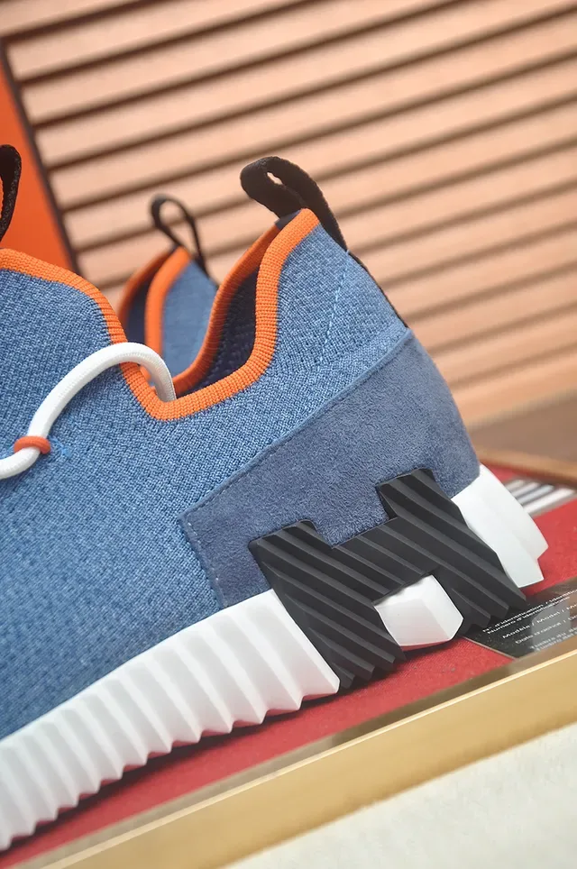 Blue Orange Knit-Suede Hybrid Upper Sculpted Ridged White Midsole Sneakers 2