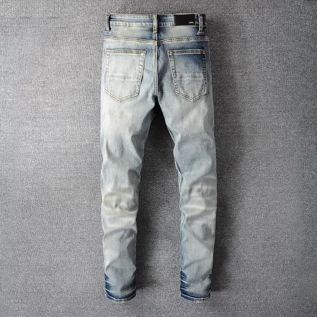 Blue Pink Light-Wash Distressed Patch Repair Detail Jeans 2