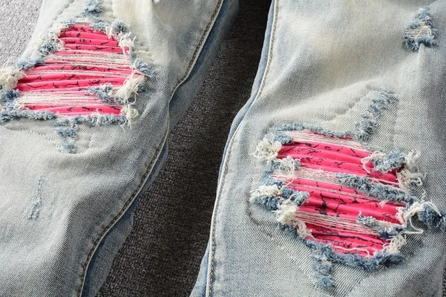 Blue Pink Light-Wash Distressed Patch Repair Detail Jeans 6