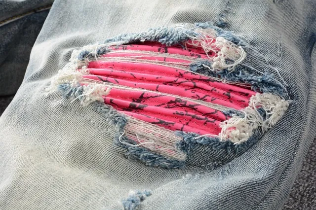 Blue Pink Light-Wash Distressed Patch Repair Detail Jeans 7