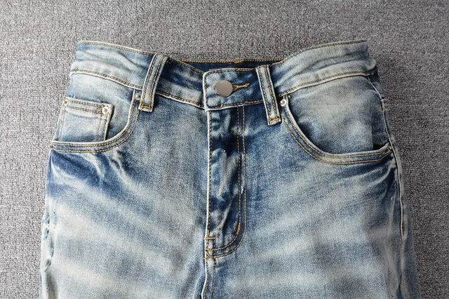 Blue Pink Light-Wash Distressed Patch Repair Detail Jeans 9
