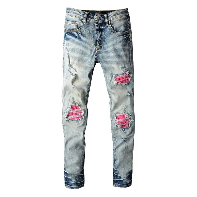 Blue Pink Light-Wash Distressed Patch Repair Detail Jeans 10