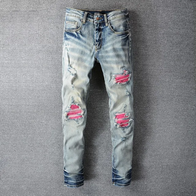 Blue Pink Light-Wash Distressed Patch Repair Detail Jeans 11