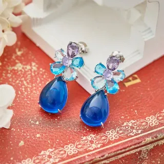 Blue Purple Floral Cluster Teardrop Dangle Earrings