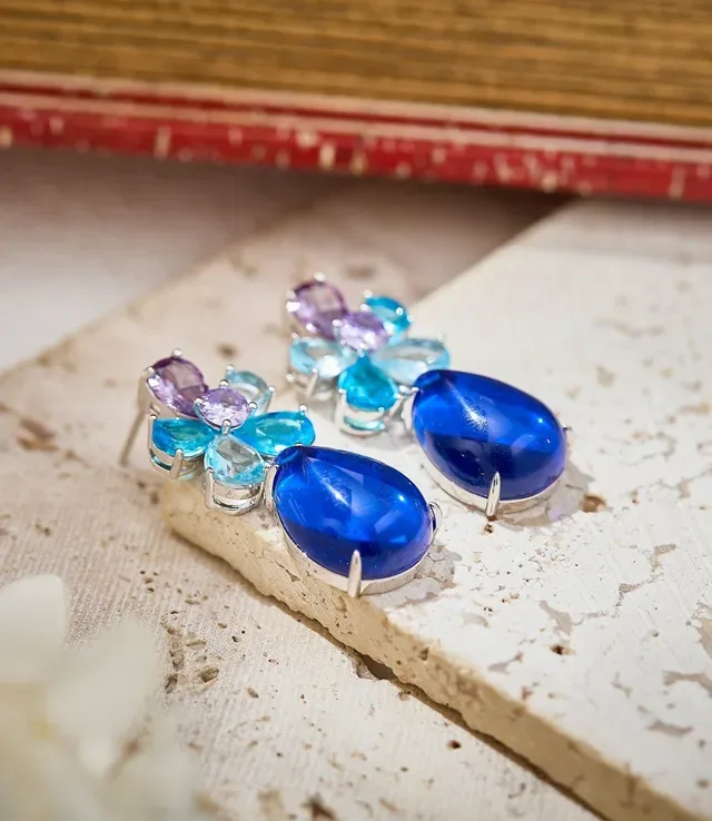 Blue Purple Floral Cluster Teardrop Dangle Earrings 2