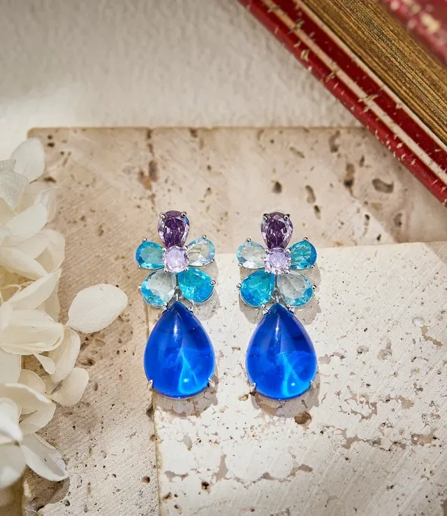 Blue Purple Floral Cluster Teardrop Dangle Earrings 3