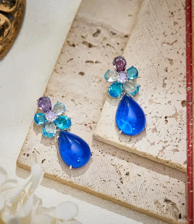 Blue Purple Floral Cluster Teardrop Dangle Earrings 5