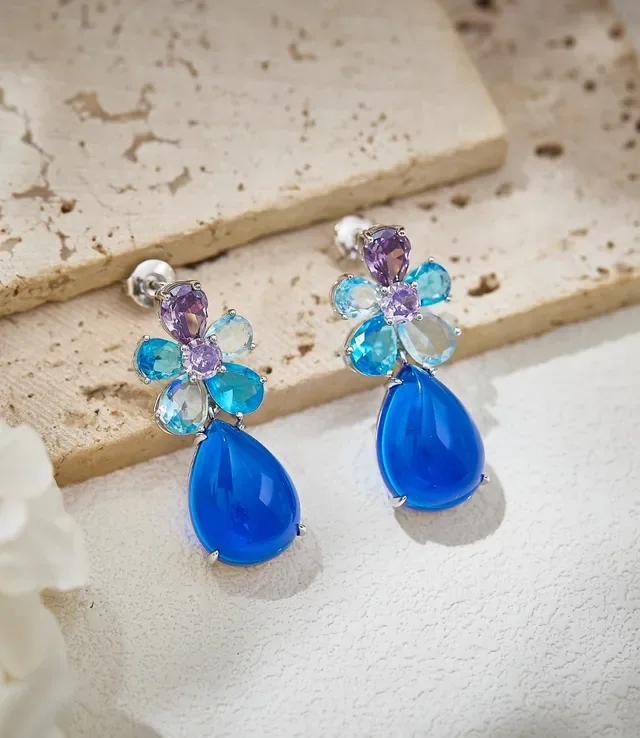Blue Purple Floral Cluster Teardrop Dangle Earrings 6