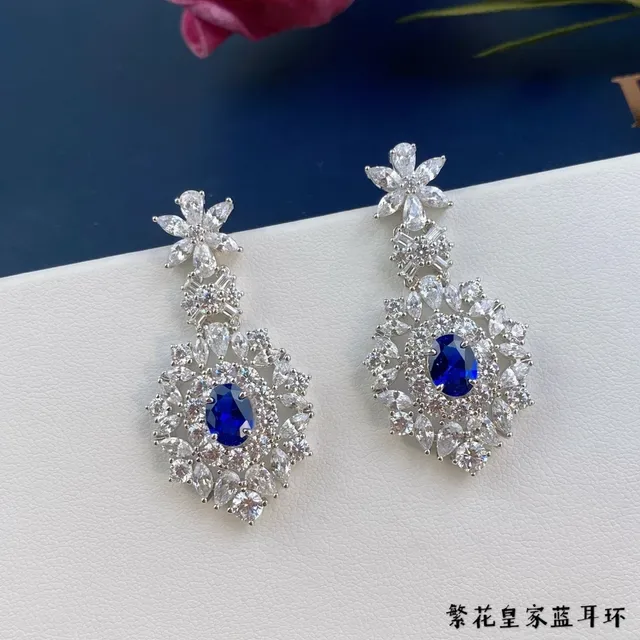 Blue Silver Floral Motif Dangling Chandelier Earrings 4