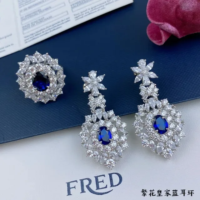 Blue Silver Floral Motif Dangling Chandelier Earrings 5