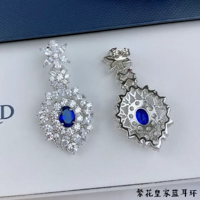 Blue Silver Floral Motif Dangling Chandelier Earrings 6