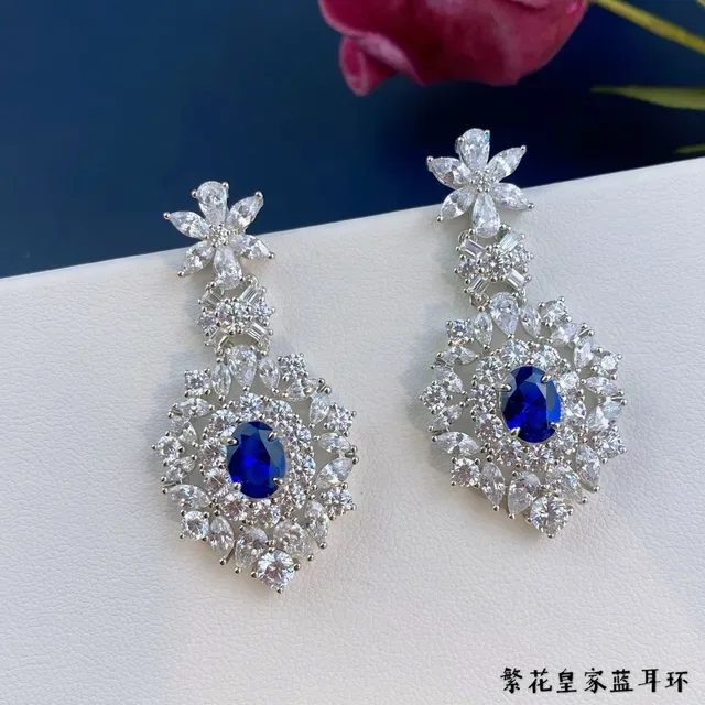 Blue Silver Floral Motif Dangling Chandelier Earrings 7