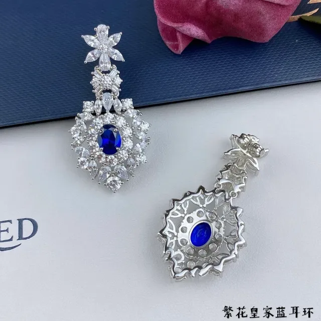 Blue Silver Floral Motif Dangling Chandelier Earrings 8