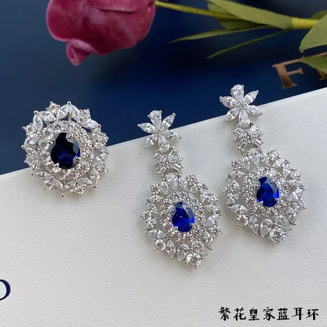 Blue Silver Floral Motif Dangling Chandelier Earrings 9