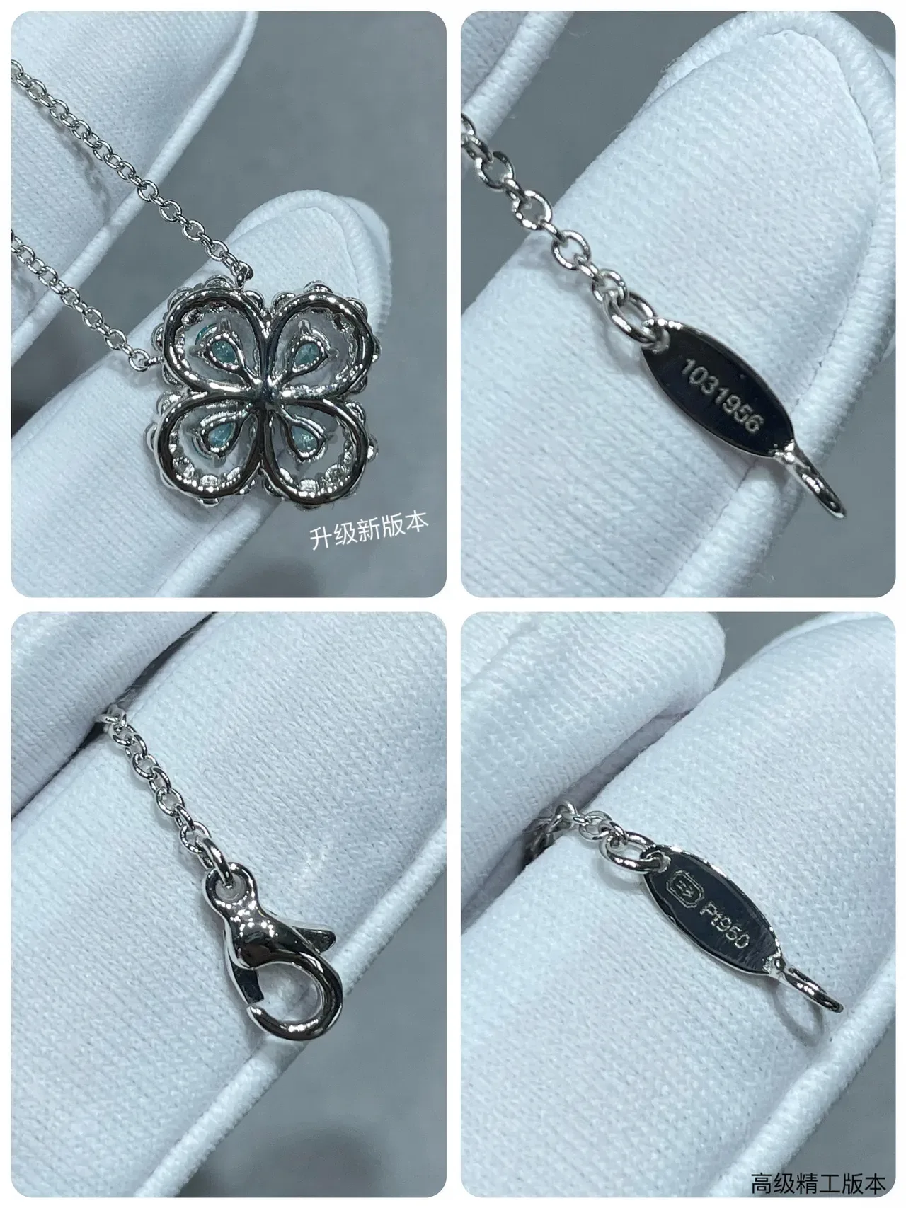 Colar Prata Azul Floral Quatrofolha Pendant Pavé-Set Pedras Transparentes 2
