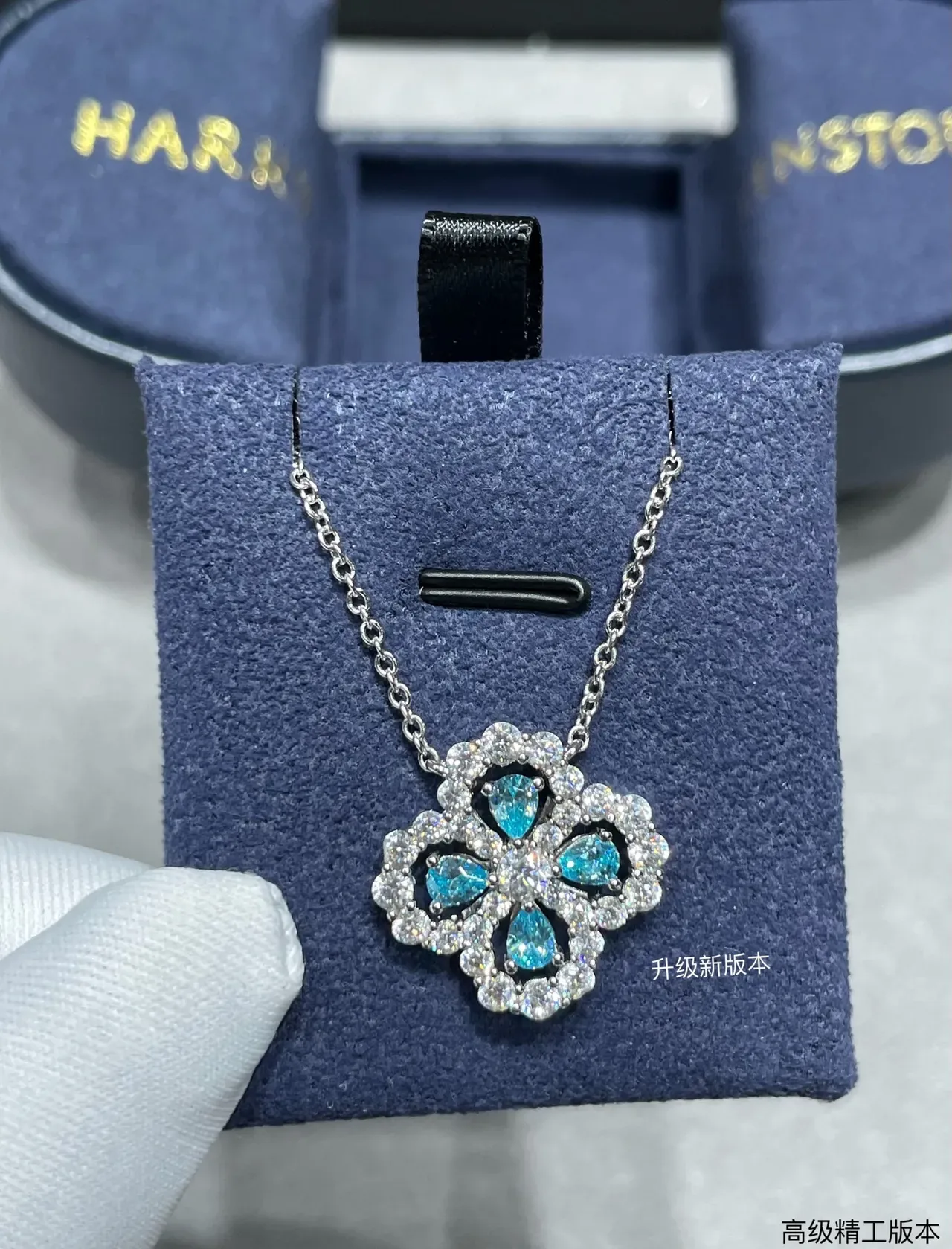 Colar Prata Azul Floral Quatrofolha Pendant Pavé-Set Pedras Transparentes 3