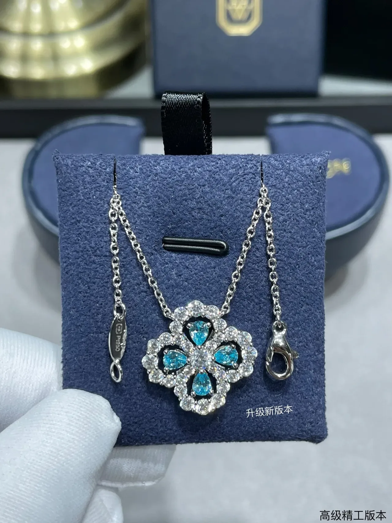 Colar Prata Azul Floral Quatrofolha Pendant Pavé-Set Pedras Transparentes 4