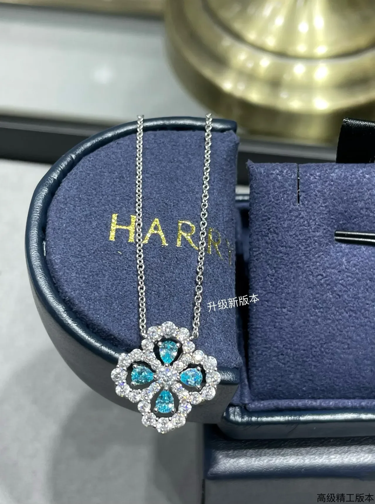 Colar Prata Azul Floral Quatrofolha Pendant Pavé-Set Pedras Transparentes 5