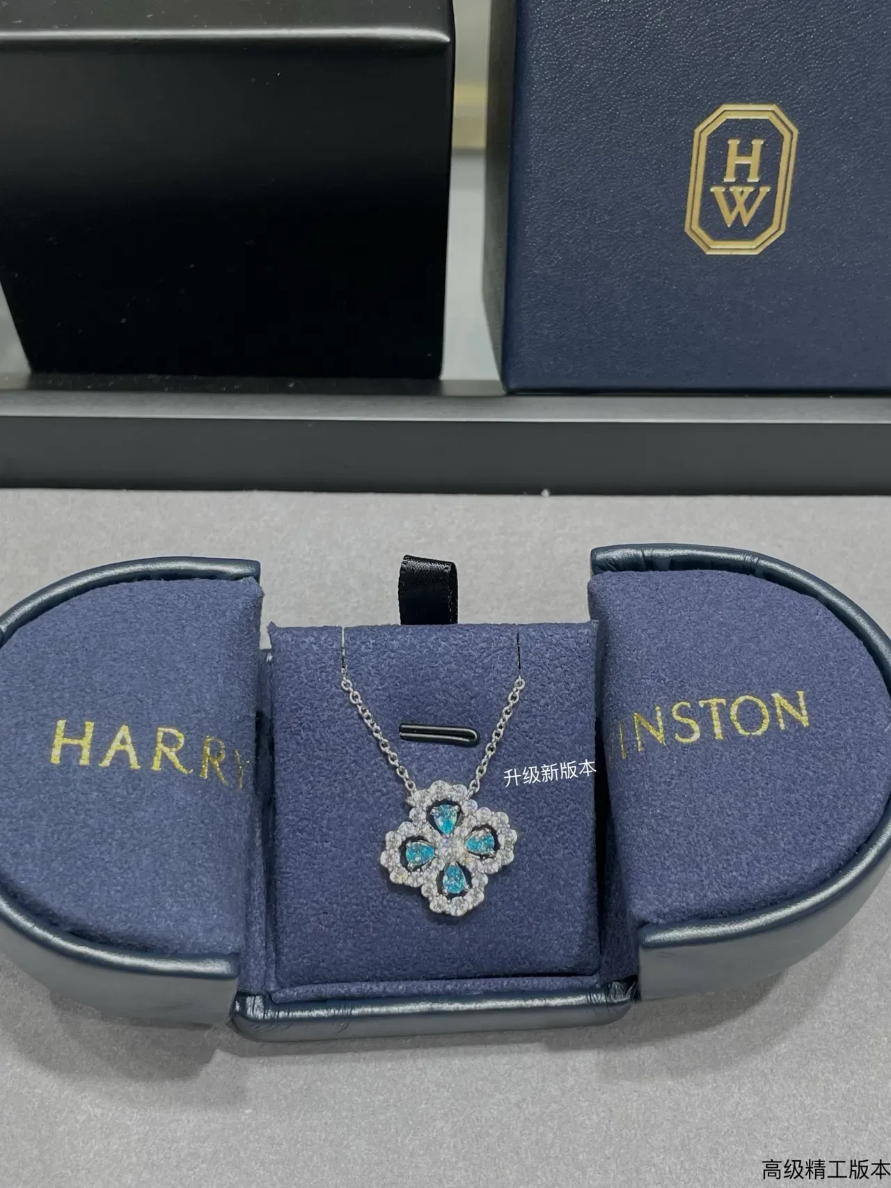 Colar Prata Azul Floral Quatrofolha Pendant Pavé-Set Pedras Transparentes 6