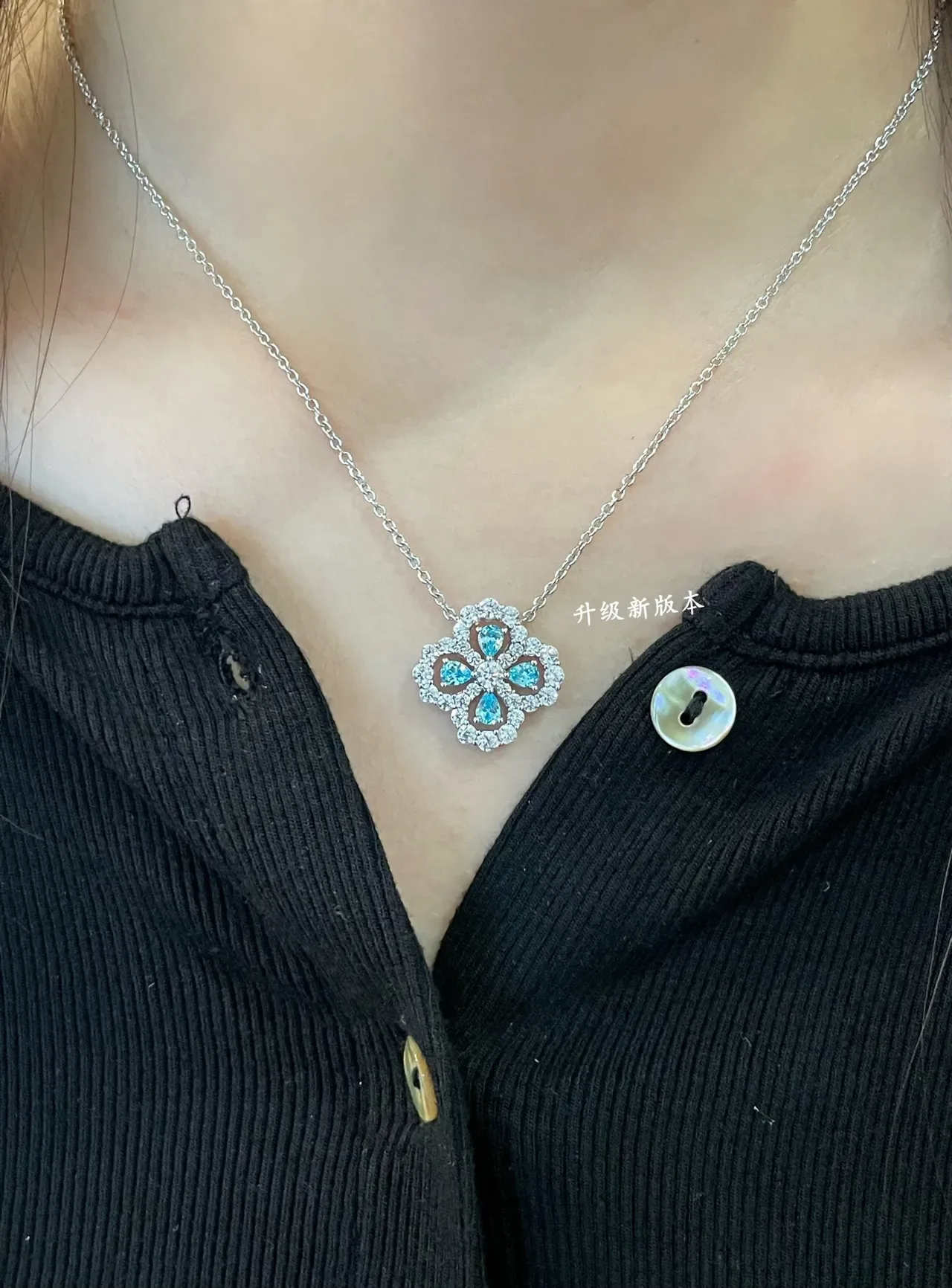 Colar Prata Azul Floral Quatrofolha Pendant Pavé-Set Pedras Transparentes 8