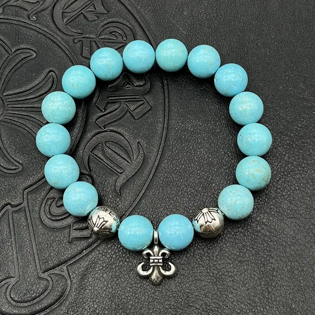 Blue Silver Round Turquoise Stone Beads Single Ornate Metal Bead Bracelet 2