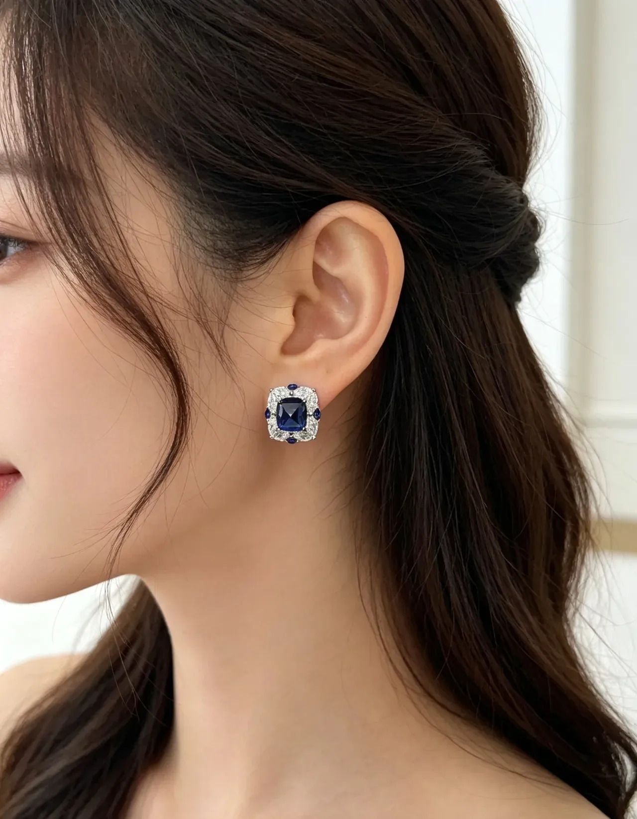 Blue Square-Cut Gem Halo Cluster Stud Earrings 2