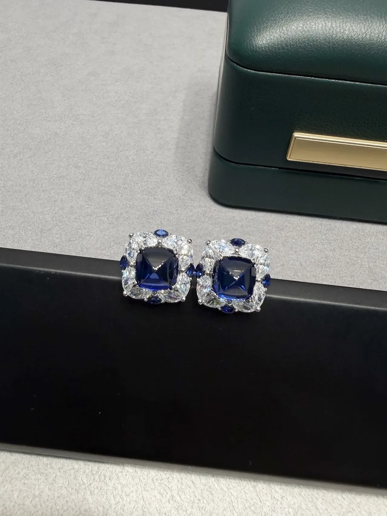Blue Square-Cut Gem Halo Cluster Stud Earrings 3