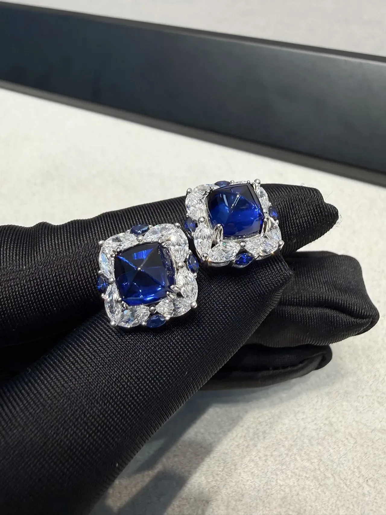 Blue Square-Cut Gem Halo Cluster Stud Earrings 4