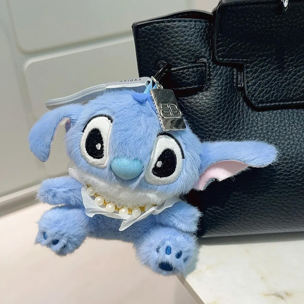 Blue White Plush Stuffed Character Pearl-Trimmed Collar Handbag 4
