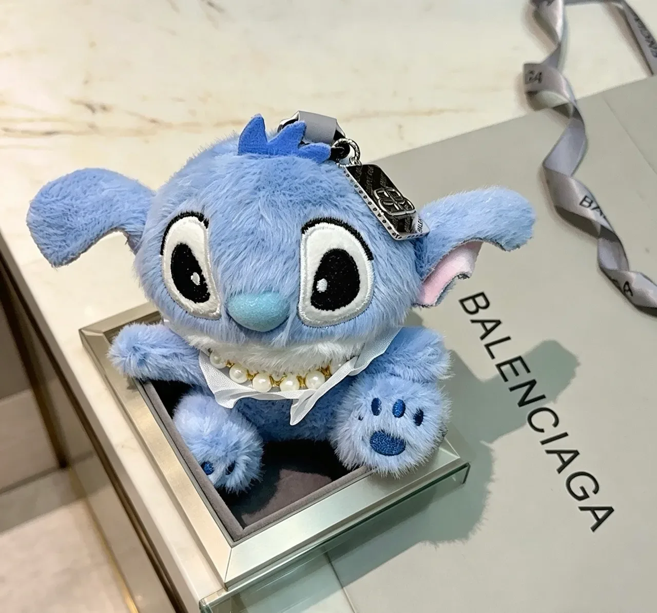 Blue White Plush Stuffed Character Pearl-Trimmed Collar Handbag 5