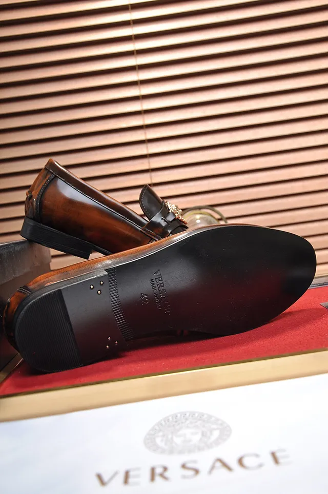 Brown Black Polished Two-Tone Leather Gold Lion-Head Ornament Loafer 4