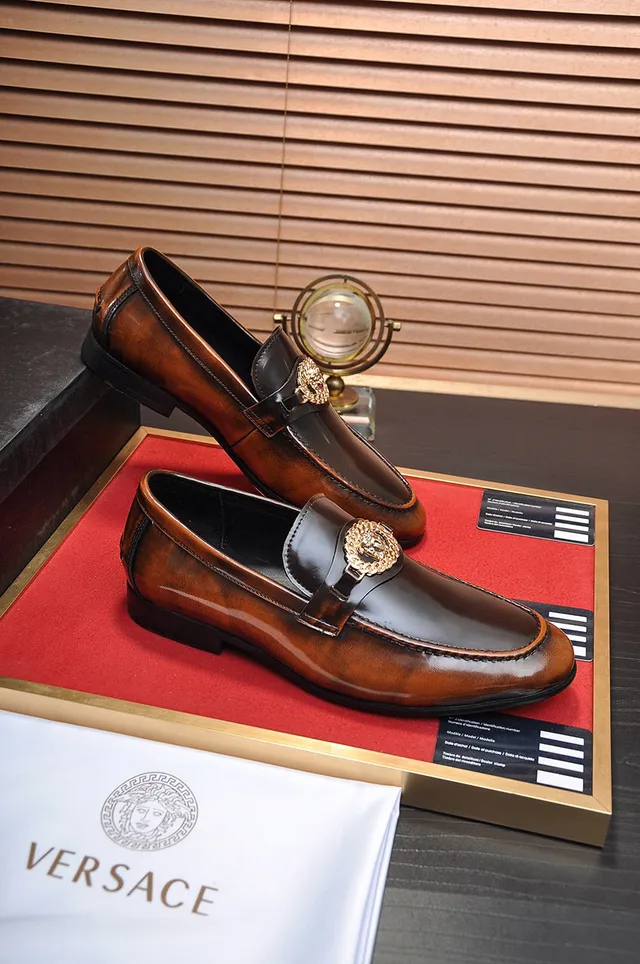 Brown Black Polished Two-Tone Leather Gold Lion-Head Ornament Loafer 5
